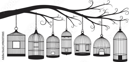 Vintage Black Bird Cage Silhouette Collection Hanging On An Ornately Swirled Tree Branch For Invitation Design Home Decor And Liberty Concept Graphic Vector Illustration