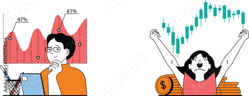 Two people react to contrasting financial graph and stock market performance with different emotions and outcomes
