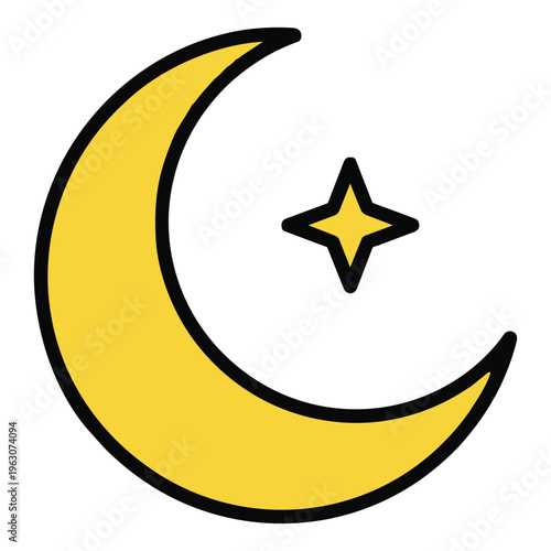 Minimalist Yellow Crescent Moon and Star Icon for Celestial, Night Sky, and Spiritual Themes