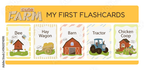 A vector illustration set of farm-themed flashcards for kids featuring tractor, barn, hay wagon, chicken coop, and beehive. Educational cards with vehicle sounds and names for toddlers.