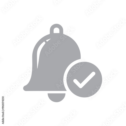 Monochromatic gray graphic icon displaying a functional bell shape with a complete confirmation checkmark signifying successful.