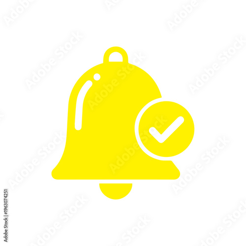 Bright yellow solid icon representing an active notification setting featuring a bell shape alongside a verified checkmark badge.