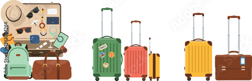 Travel luggage vector set with suitcases, backpacks, travel essentials and vacation elements in modern flat illustration style
