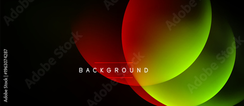 Abstract design features overlapping vibrant circles. Red, green hues blend against dark backdrop. Minimalist text reads background.