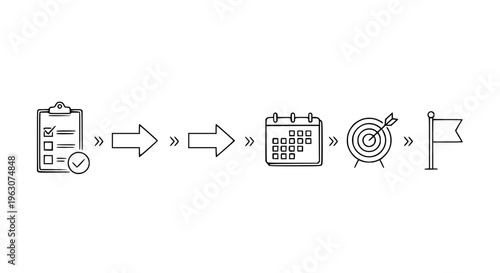 Next Steps Thin Line Icon Set with Checklist Arrow Target and Flag Workflow Symbols Vector