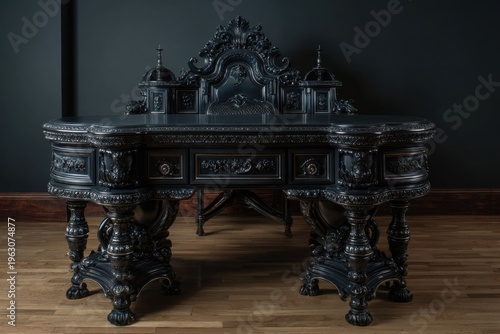 Ornate Black Baroque Dressing Table Desk with Elaborate Carvings Home Decor