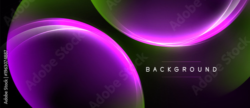 Abstract neon curves, vibrant purple, green hues dominate black background. Modern design, smooth gradients create dynamic visual effect.