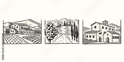 Tuscan countryside landscape with buildings cypress trees and rolling hills