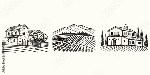 Vintage sketch of italian countryside with buildings vineyards and mountains