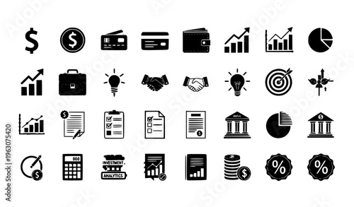 Monochrome flat business symbols set with finance and analytics icons for corporate design use