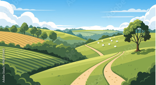 Beautiful countryside landscape illustration with rolling hills, green fields, and sheep in the distance, vector art