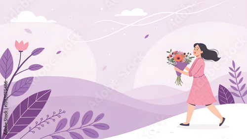 Soft pastel illustration of a woman holding flowers placed at bottom right corner purple tone background 