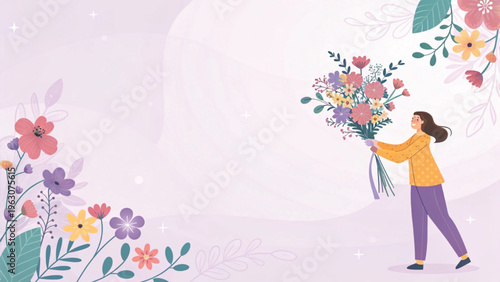 Soft pastel illustration of a woman holding flowers placed at bottom right corner purple tone background 