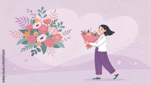 Soft pastel illustration of a woman holding flowers placed at bottom right corner purple tone background 