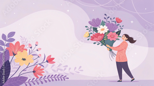 Soft pastel illustration of a woman holding flowers placed at bottom right corner purple tone background 