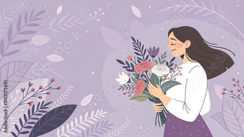 Soft pastel illustration of a woman holding flowers placed at bottom right corner purple tone background 