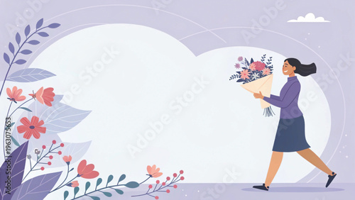 Soft pastel illustration of a woman holding flowers placed at bottom right corner purple tone background 