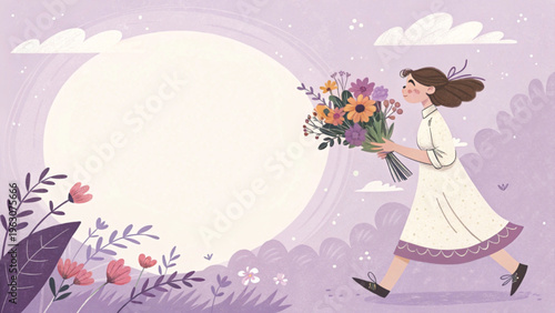 Soft pastel illustration of a woman holding flowers placed at bottom right corner purple tone background 