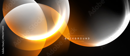 Abstract design features flowing lines, warm orange hues, cool whites against dark background. Modern, dynamic composition.