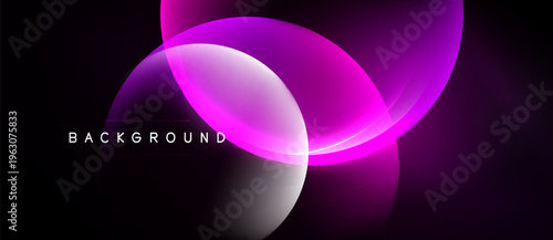 Abstract design features vibrant purple, white curves. Minimalist composition with text background. Dark backdrop enhances luminosity, creating modern aesthetic.