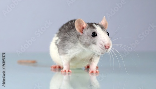 A cute dumbo rat with white and grey fur sits on a reflective surface.