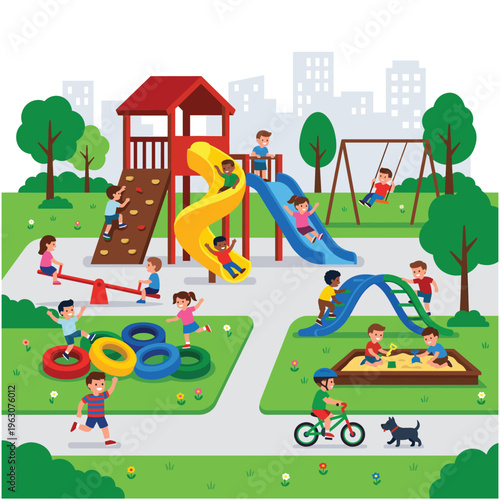 Kids playing at playground with slides swings and sandbox in city park.