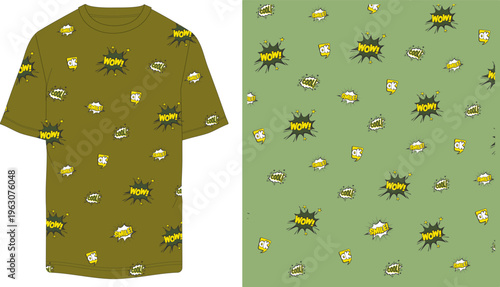 Bee, insect, pattern, t-shirt, fabric design, yellow, black, green