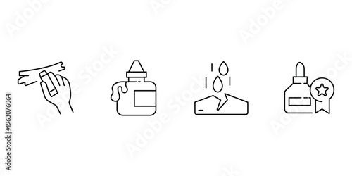 Adhesive glue icon set featuring glue stick bottle dripping liquid and repairing cracked surface for school office and professional stationery.