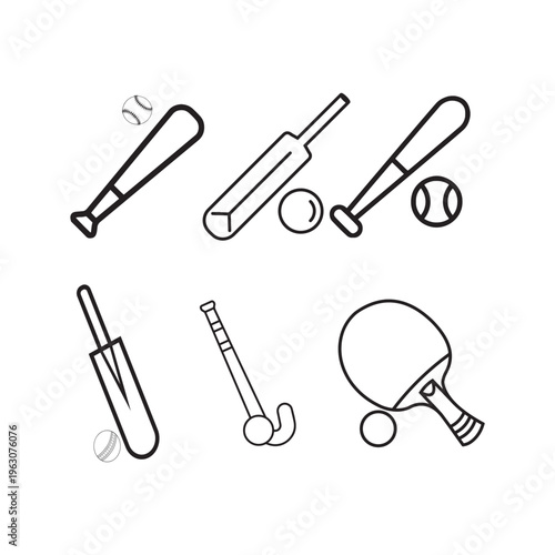 Sports Equipment Icon Bundle with Bats, Rackets, and Balls Line Art Illustration