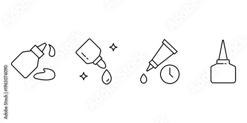 Adhesive glue icon set featuring industrial glue gun liquid tube and household stick for repair crafting and professional stationery illustration.