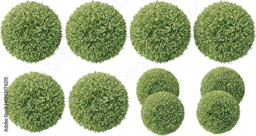 Set of green round bushes and shrubs in top view for landscape design garden architectural plan and site mapping isolated on white background.