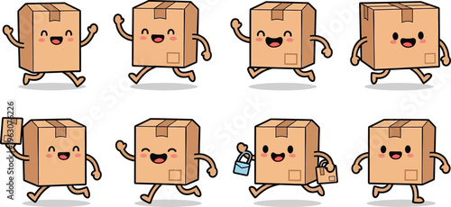 cute box character icons, cartoon parcel mascot, happy package illustrations, delivery box character set, e-commerce mascot, logistics shipping icons, smiling package vector, walking box poses, cheerf
