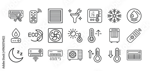Air Conditioner Vector Set Featuring AC Units, Cooling Fans, Temperature Control, and HVAC Elements for Web and App Design
