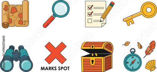 Set of 9 Treasure Hunt and Adventure Icons Including Map, Key, Compass, Binoculars, and More for Exploration, Adventure Games, and Puzzle Design Projects
