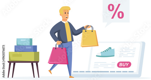 Man holding shopping bags with laptop showing discount sale and purchase button nearby