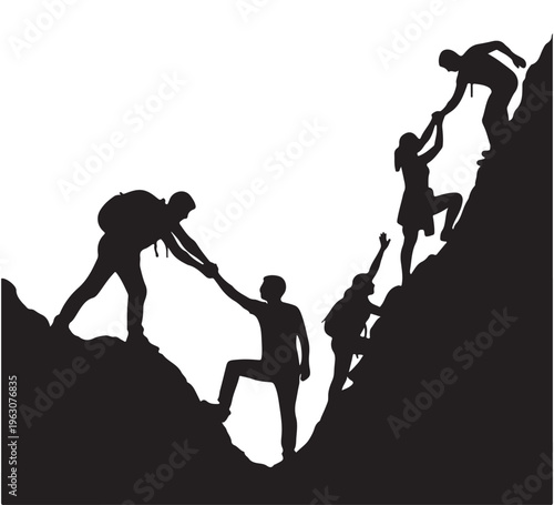 Teamwork and collaboration highlighted as diverse group of hikers support each other on a challenging mountain ascent, symbolizing shared goals and overcoming obstacles together