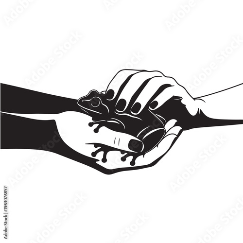 Two human hands carefully cup a small frog, symbolizing protection and gentle care.