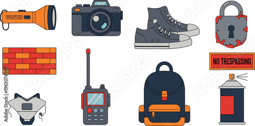 Set of 9 Urban Exploration and Photography Icons Including Flashlight, Camera, Backpack, Shoes, and More for Outdoor Adventures, Photography, and Exploration Designs