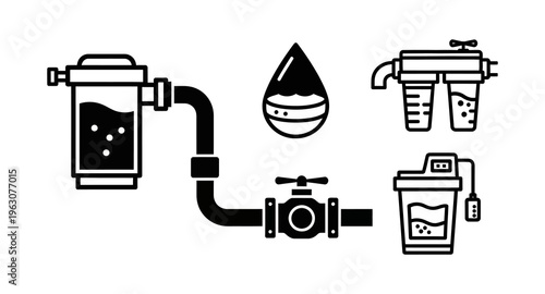 Water filter system schematic with valve, droplet, and cartridges for clean water supply