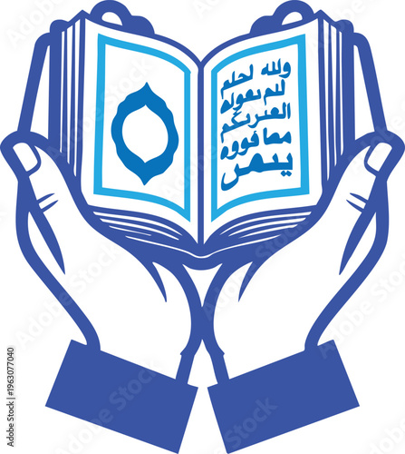 hands gently holding an open book adorned with arabic script and a central crescent moon emblem symbolizing knowledge, faith, and reverence within islamic culture