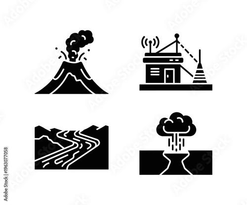 Earth's natural processes and environmental monitoring concept glyphs. Featuring volcano eruption, winding river, seismic event, and communication facility icons