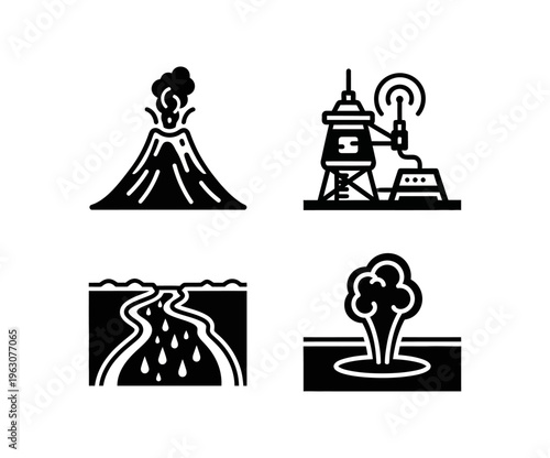 Set of icons representing geological phenomena, volcanic eruption, seismic monitoring, and geothermal activity