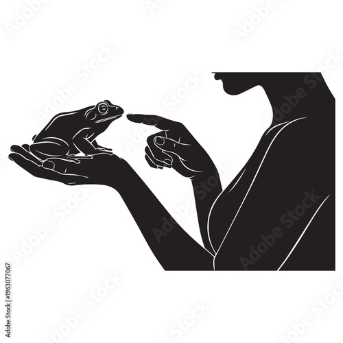 A woman's silhouette gently holds a small frog while pointing at it with curiosity.