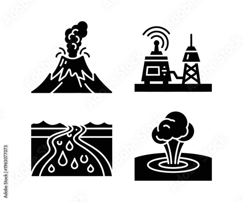 Natural Disasters and Geological Phenomena Icons Volcano, Seismograph, Flood, and Geyser