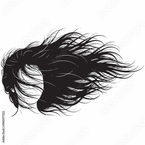 A dynamic silhouette illustrates a woman's long, flowing, and voluminous wavy hair in motion.