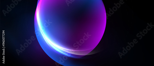 Abstract glowing orb dominates dark background. Vivid purple, blue hues create futuristic feel. Smooth gradients suggest energy, light.