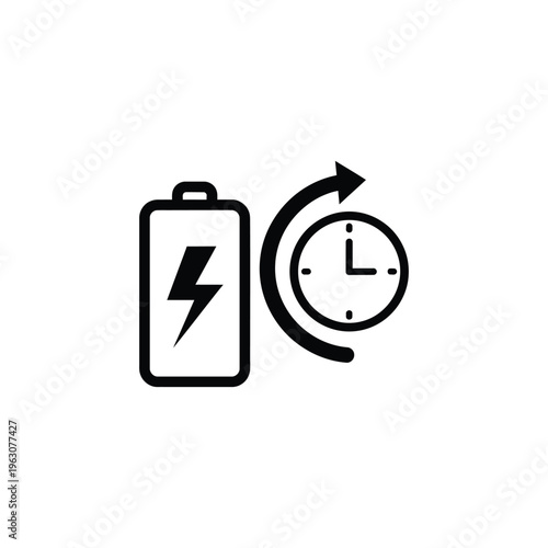 A battery with a lightning bolt charges quickly next to a clock.