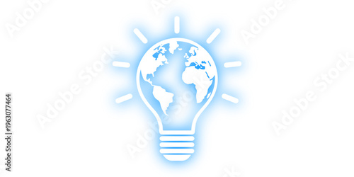 A glowing glass lightbulb shines bright against a blue background, symbolizing a creative electric energy solution and innovative technology idea for a sustainable world