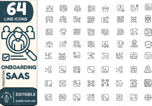 Onboarding SaaS Icon Set, User Onboarding Process, Software Interface, UI UX Flow, Tutorial, Setup Guide and Dashboard Navigation Vector Icons