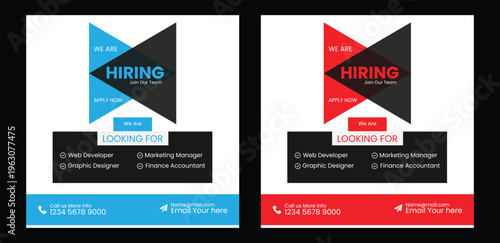 We are hiring job vacancy social media post banner design template with red color. We are hiring job vacancy square web banner design. We are hiring job vacancy social media post or square web banner 